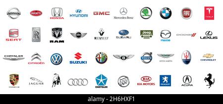 Kiev, UKRAINE - November 22, 2020: Logos collection of different brands of cars, vector isolated on white Stock Vector