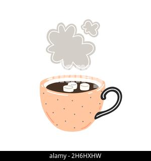 Hot chocolate with marshmallows in pink cup. Vector flat illustration Stock Vector