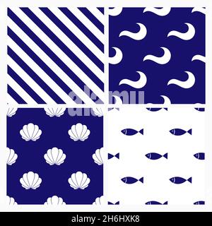 Nautical marine pattern set. Ocean, fish, shell seamless patterns. Vector illustration. Stock Vector