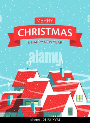 Little town houses with red roofs on a snowy blue background and Merry Christmas greeting text. Magical village winter holidays postcard, vector illustration. Stock Vector
