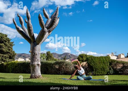 Black woman sitting on mat on grassy lawn in garden and practicing yoga and stretching while doing side bend Stock Photo