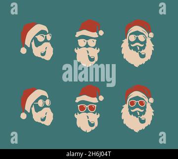 Hipster Santa claus vintage vector illustration set. With nice beard mustache and cigar. Stock Vector