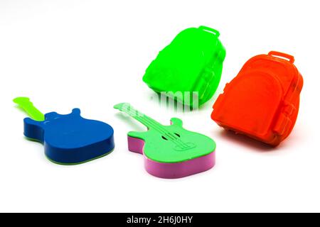 Toys on white background with selective focus Stock Photo