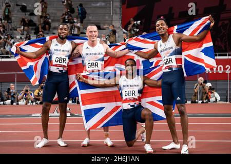 Great Britain's mens 4x100m relay team claim silver in the Tokyo olympics. Mitchell-Blake, Kitty, Utah, Hughes Stock Photo