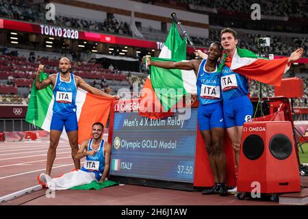 The Italian 4x100m mens team win Olympic Gold at the Tokyo 2020 Olympics. Stock Photo