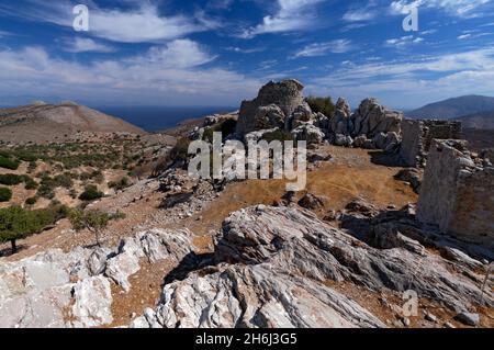 Castle, Mikro Horio, Tilos, Dodecanese Islands, Southern Aegean, Greece. Stock Photo