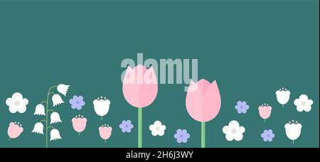 Flower background. Bright spring pastel flowers on dark blue background floral card. Vector illustration. Stock Vector