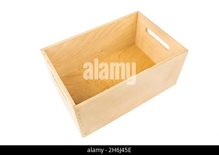 Wooden empty box isolated on white background. Stock Photo