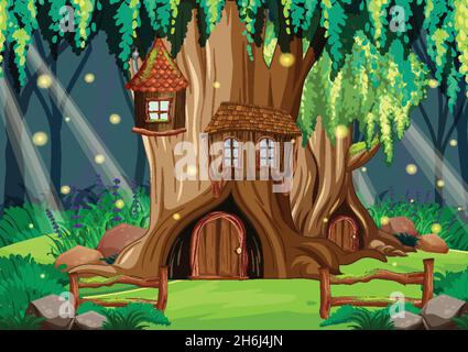 Fantasy forest scene with hollow tree house illustration Stock Vector ...
