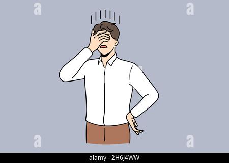 Feeling stressed and sleepy concept. Young man cartoon character standing covering face with hands feeling exhausted at work vector illustration  Stock Vector