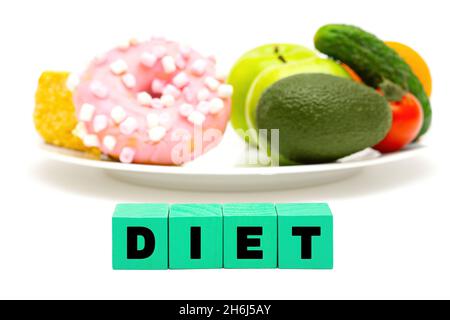 Word DIET made of letter blocks in front of a white plate with sweets, fruits and vegetables. Dieting concept. Stock Photo
