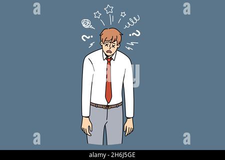 Feeling stressed and tired concept. Young man worker cartoon character wearing official clothes standing with crosses instead of eyes feeling exhausted at work vector illustration  Stock Vector