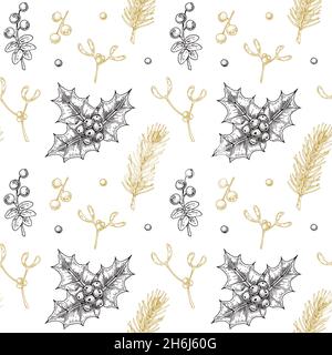 Hand drawn Christmas and New Year pattern with golden mistletoe and holly. Vector illustration in sketch style Stock Vector