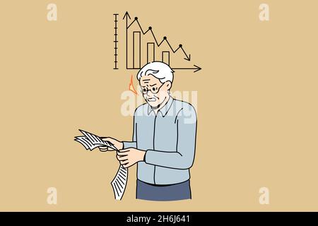 Negative statistics and bad news concept. Angry stressed mature old man standing reading newspaper with negative decreasing statistics feeling not satisfied vector illustration  Stock Vector