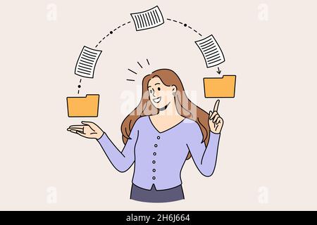 Sending information and knowledge concept. Young smiling woman professional standing pointing at files going from one file holder to another vector illustration  Stock Vector