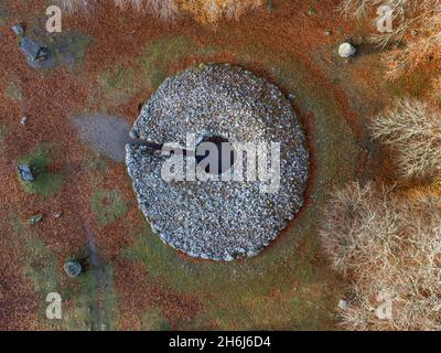 Aerial view of Clava Cairns, a Bronze Age burial complex of standing stones, ring cairns, passage graves and kerb cairns, near Inverness, Scotland Stock Photo