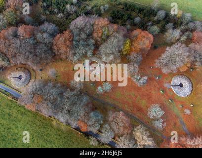 Aerial view of Clava Cairns, a Bronze Age burial complex of standing stones, ring cairns, passage graves and kerb cairns, near Inverness, Scotland Stock Photo