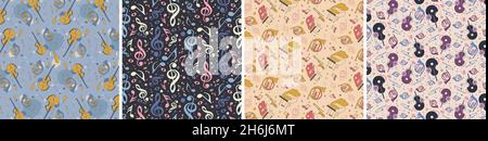 Set of classical music seamless patterns. Beautiful textures in different styles. Stock Vector