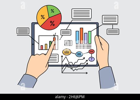 Business data and statistics concept. Human hands holding tablet with development statistics metadata on screen vector illustration  Stock Vector