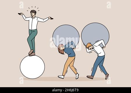 Easy business and tiredness concept. Young smiling happy confident businessman standing on ball while his colleagues carrying heavy balls on backs vector illustration  Stock Vector