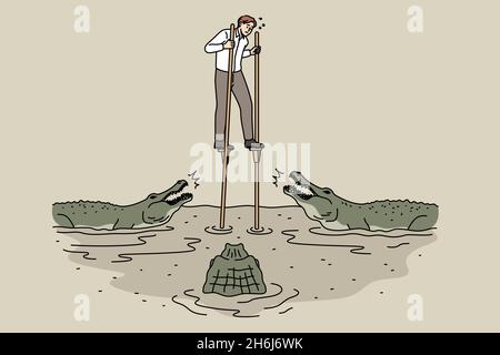 Business danger and challenge concept. Young stressed businessman walking on stilts over river full of crocodiles feeling dangerous vector illustration  Stock Vector