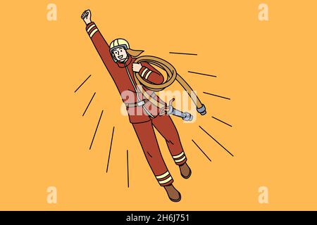 Working as fireman hero concept. Young smiling man cartoon character fireman flying above with hand up over yellow background vector illustration  Stock Vector