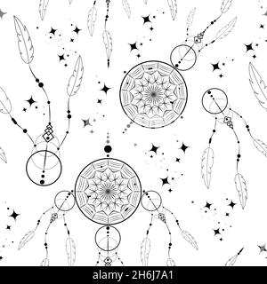 Dreamcatcher doodle seamless pattern, mandala ornament and magic stars. Mystic symbol, Ethnic art with native American Indian boho style design Stock Vector