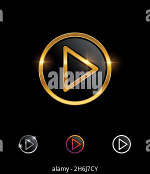 A vector illustration set of Golden Circle Play Button Vector Sign in black background for luxury and and royal sign Stock Vector