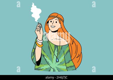 Living as hippie and free lifestyle concept. Young smiling woman hippie standing smoking cigarette feeling free vector illustration  Stock Vector