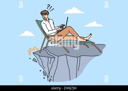 Earthquake and feeling panic concept. Young businessman sitting in chair with laptop and looking at abyss of sudden danger earthquake vector illustration  Stock Vector