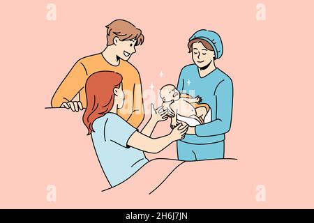 Giving birth and parenthood concept. Young happy mother lying in bed taking her newborn baby from nurse with smiling father standing nearby vector illustration  Stock Vector