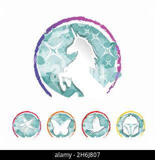 A vector illustration set of Unicorn and star with Water Color Circle Background Stock Vector