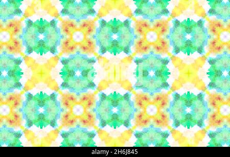 Watercolor Tie Dye Effect. Hanmade Art Kaleidoscope. Drawn by Hand Tile. Colorful African Ornament. Pastel Japanese Print. Seamless Pattern with Tie D Stock Photo