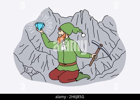 Mining diamonds and precious stones concept. Small smiling troll sitting with hammer holding huge blue diamond in hands vector illustration  Stock Vector