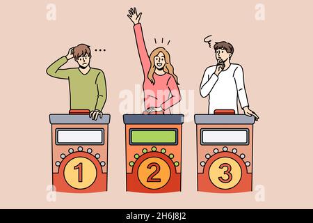 Entertainment and leisure game concept. Group of young smiling people standing playing game guessing something woman raising hand vector illustration  Stock Vector