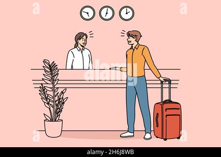 Checking in and reception concept. Young man client guest standing and communicating with young woman receptionist during check in in hotel vector illustration  Stock Vector