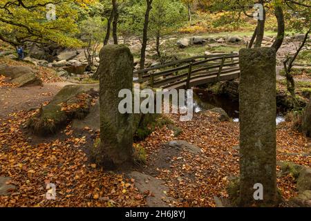 Two old stone gate posts stand near the wooden footbridge over Burbage Brook at the top of Padley Gorge in the Peak District, Derbyshire. Stock Photo