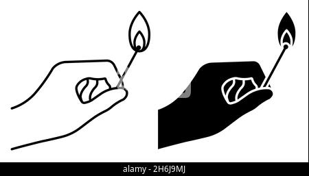 Linear icon. Man hand holds burning match. Careful handling of fire. Simple black and white vector isolated on white background Stock Vector