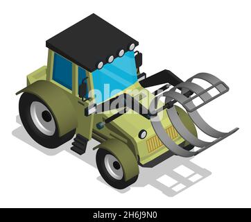 Isometric agricultural tractor with clamping tongs for loading hay into bales. Transport and equipment for agriculture. Realistic cartoon 3d vector is Stock Vector