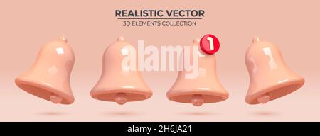 Bell notifications. Set of pink bells Icon with red new message web chat. Realistic 3d object. Realistic creative conceptual symbol of notifications. Vector illustration Stock Vector