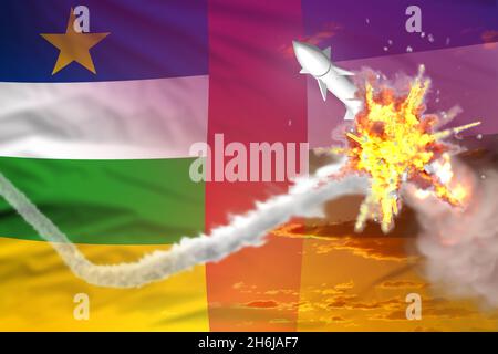 Central African Republic intercepted supersonic missile, modern antirocket destroys enemy missile concept, military industrial 3D illustration with fl Stock Photo