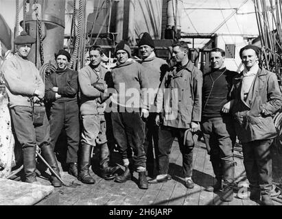 Officers of the Terra Nova. From left to right: James R. Dennistoun, Alfred Buchanan Cheetham, Henry E. De P. Rennick, Francis R.H. Drake, William Williams, Henry Lewin Lee Pennell, Wilfred Montague Bruce, Denis Gascoigne Lillie. Stock Photo