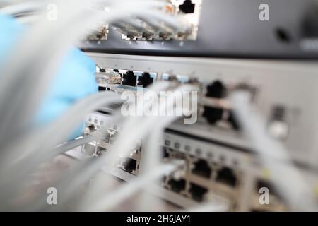 Technology center with fiber optic equipment closeup Stock Photo