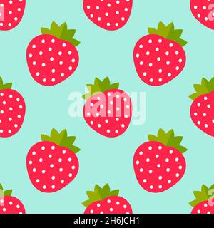 Strawberries fruits red and blue seamless pattern. Vector illustration. Stock Vector