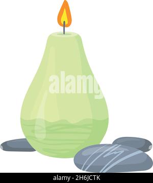 Green candle with sea pebbles. Glowing burning wick, modern style various vector illustration isolated on white background Stock Vector