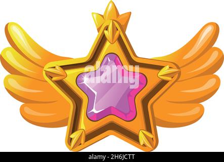 Golden star badge. Award gems in game, treasure badges reward, cartoon vector illustration isolated on white background Stock Vector