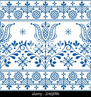 Floral folk outline vector seamless pattern with flowers and frame, ornamentall design with flowers inspired by lace and embroidery Scandinavian art Stock Vector