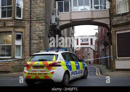 Morecambe, United Kingdom. 16th Nov, 2021. A 13 year old boy from Lancaster has been arrested on suspicion of Attempted Murder and remains in custody whilst, Lancashire Police continue to examine the scene of last nights shooting in Morecambe after reports of a fire arm being discharged shortly before 6.00 pm the victim was taken to hospital where his condition was described as serious but stable Coincidence that the incident took place where scenes from the bay where filmed Credit: PN News/Alamy Live News Stock Photo