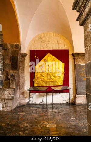 Golden plate of Inca star map at the interior wall of Coricancha, the Inca's  Temple of the Sun in Cusco, Peru. Stock Photo