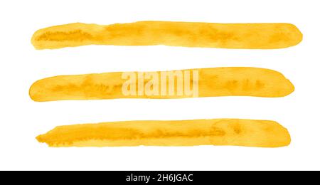 Three longitudinal brush strokes of watercolor yellow paint, abstract background for design. Stock Photo